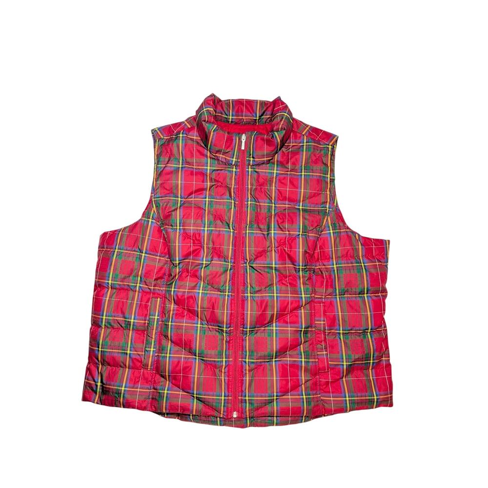 Lands' End Plus Size 2X Red Holiday Plaid Down Puffer Vest Full Zip Winter Warm